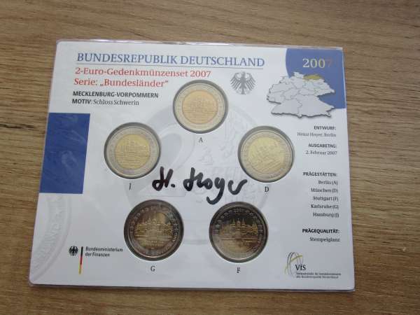 2 Euro Deutschland 2007 Mecklenburg Vorpommern alle 5 Prägestätten A,D,F,G,J im Blister