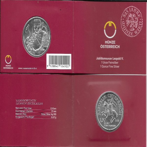 Österreich - 1,5 Euro 2019 - Leopold V - 825 Jahre Münze Wien - 1 Oz. Silber im Blister