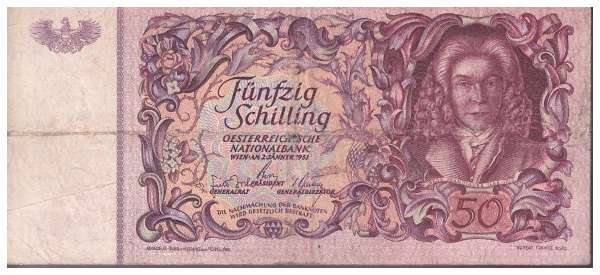 50 Schilling 2.1.1951 Jakob Brandtauer Rs. Wachauerin und Stift Melk 1040/697137