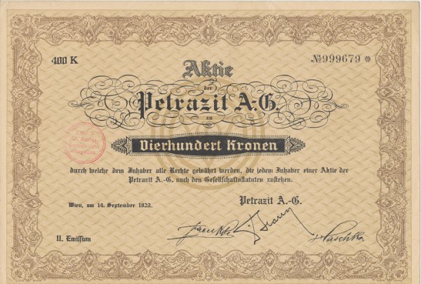 Aktie Petrazit A.G. vierhundert Kronen Wien 1922
