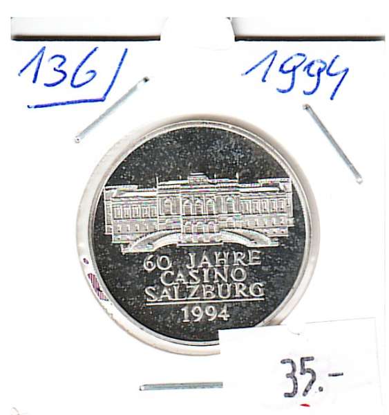 Nr. 136 60 Jahre Casino Salzburg 1994 Casinos Austria Silber Casino Jeton 100 Schilling