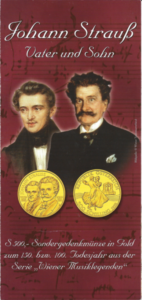 1999 Johann Strauß Vater und Sohn 500 Schilling Gold - nur Flyer Folder