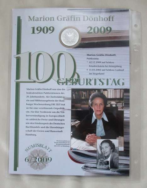 Numisblatt Deutschland 2009/6 "100 Geb. Gräfin Dönhoff 1909-2009" mit 10€ Silbermünze