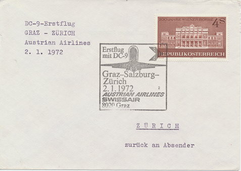 Erstflug Aua DC-9 Graz - Salzburg - Zürich 2.1.1972