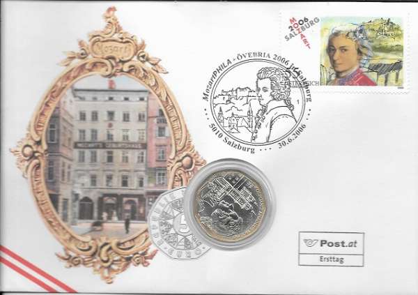 NBE 09 b) 2006 Mozart in Salzburg Stempel Salzburg Numisbrief mit 5 Euro Silber