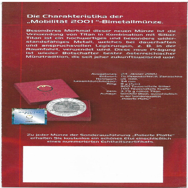 2001 Mobilität Bimetall 100 Schilling - nur Flyer Folder