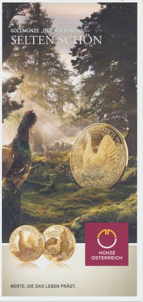 ANK Nr. 14 Flyer FOLDER ZU DER 100 EURO Münze Der Auerhahn Gold 2015