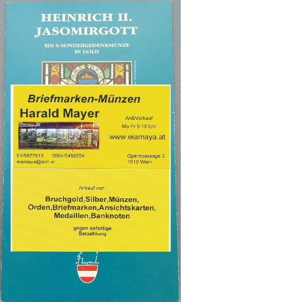 1996 Heinrich II Jasomirgott 500 Schilling Gold 1996 - nur Flyer Folder