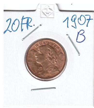 20 Franken 1907 B Vreneli Schweiz Gold