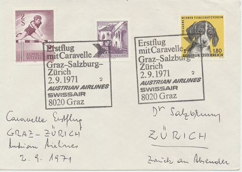 Caravelle Erstflug Aua Graz - Salzburg - Zürich 2.9.1971