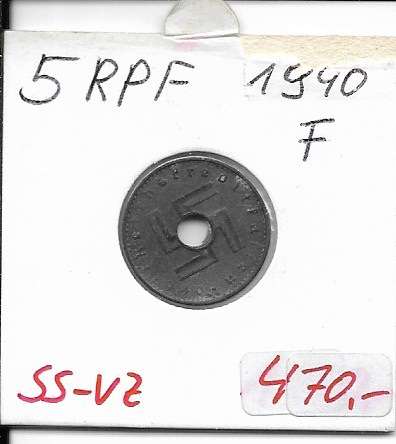5 RPF Reichspfennig Reichskreditkassen 1940 F