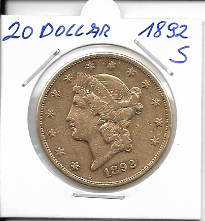 20 Dollar 1892 S USA Gold $20, Double Eagle Liberty Head, U.S. Mint