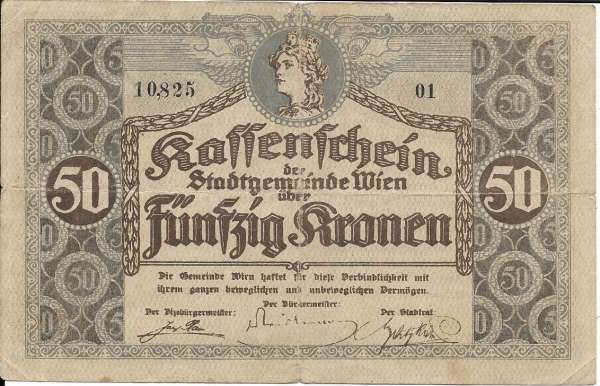50 Kronen Wien Kassenschein 1.11.1918 Nr.01 10,825