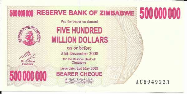 SIMBABWE / ZIMBABWE – 500 Million Dollars 2008 UNC P. 60