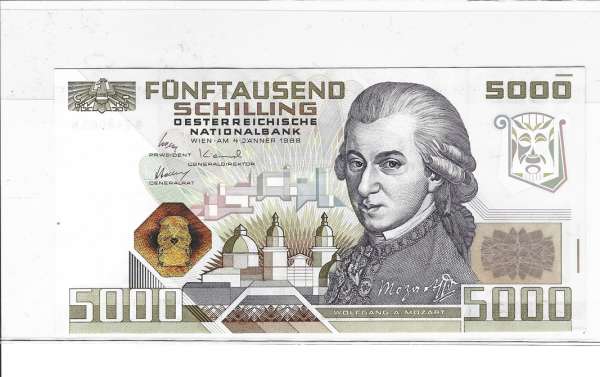 5000 Schilling 4.1.1988 Wolfgang Amadeus Mozart Erh.1 unc, 248005 N Ank.Nr. 290 Pick 153