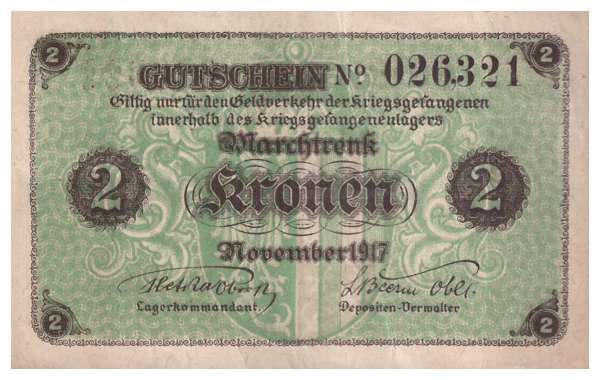 2 Kronen Lagergeld im Kriegsgefangenenlager Marchtrenk 026321 026322