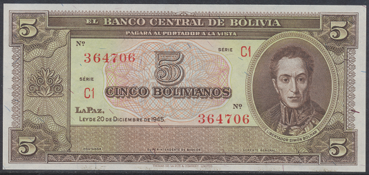 Bolivia- 5 Bolivianos 1945 UNC - Pick Nr.138