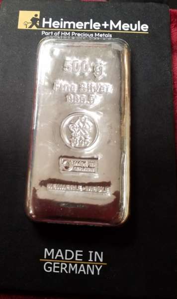 500 Gramm Silber Barren Heimerle+Meule Feinsilber 999,9