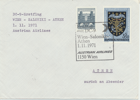 Erstflug Aua DC-9 Wien - Saloniki - Athen 1.11.1971